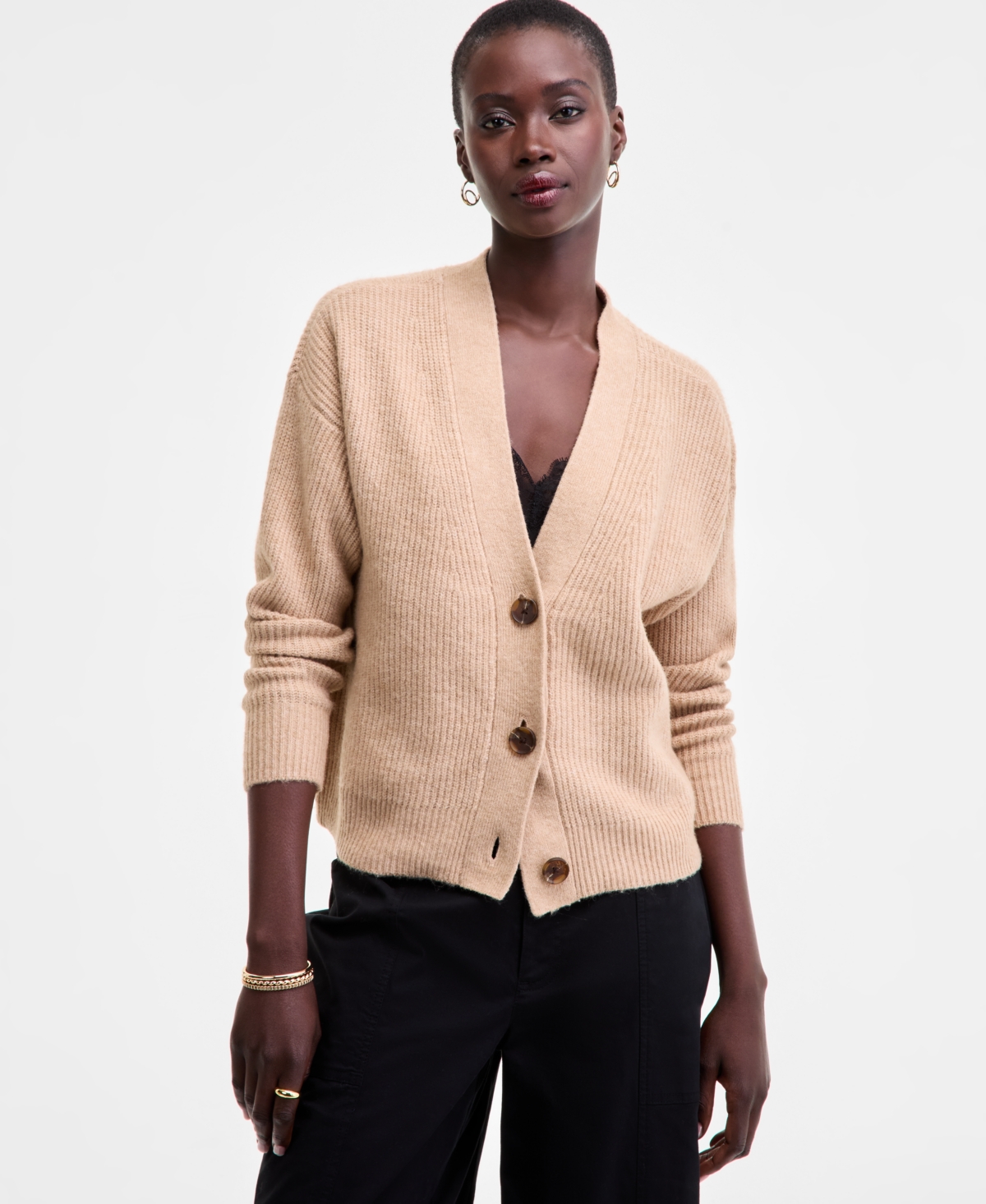 On 34th Women's Three-button Shaker Cardigan, Created For Macy's In Nude