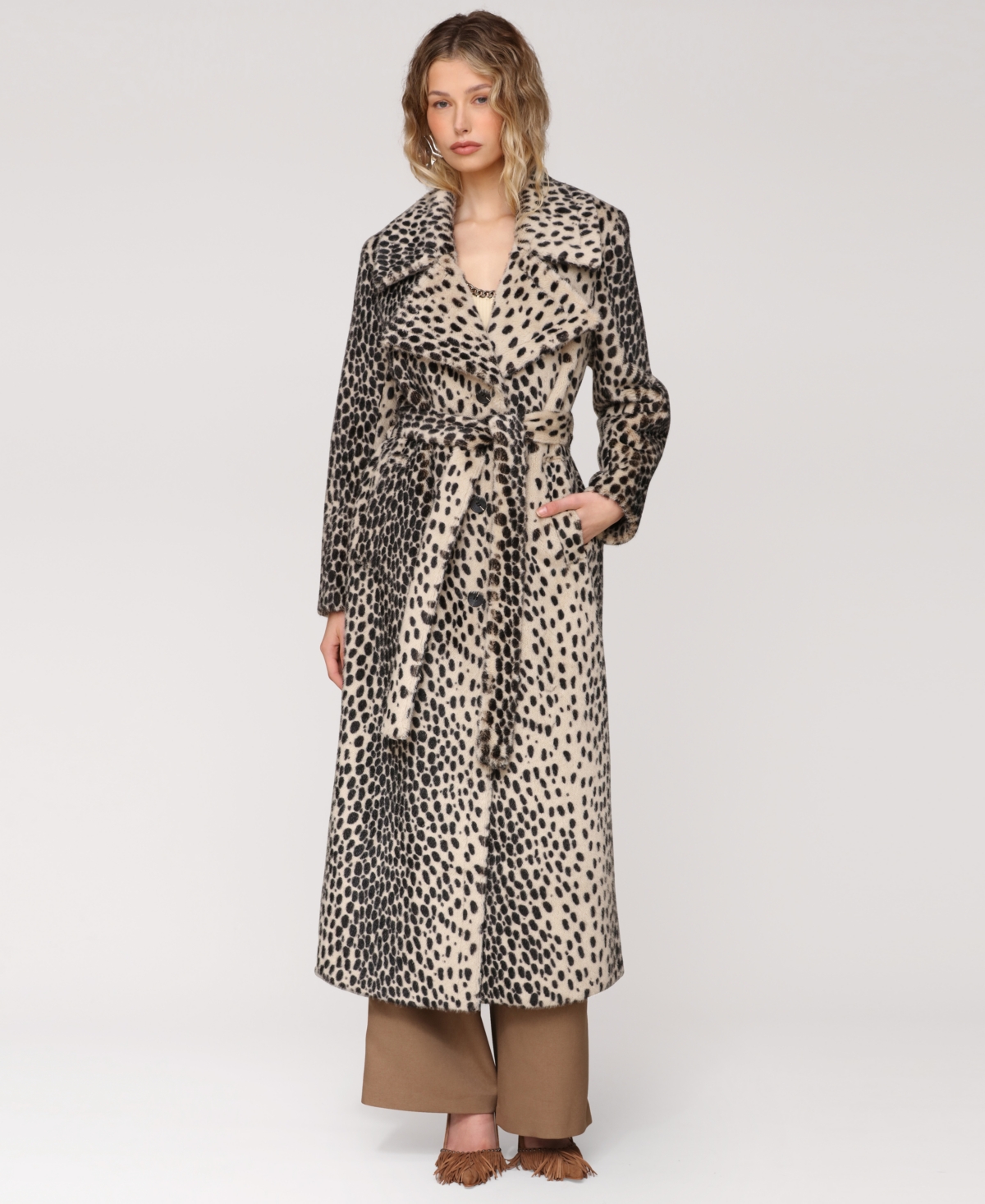 Avec Les Filles Cheetah Print Belted Faux Fur Maxi Coat In Animal Print