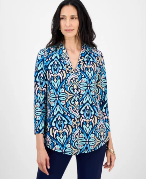 Petite Daniella Damask Printed 3/4-Sleeve Top - Intrepid Blue Combo