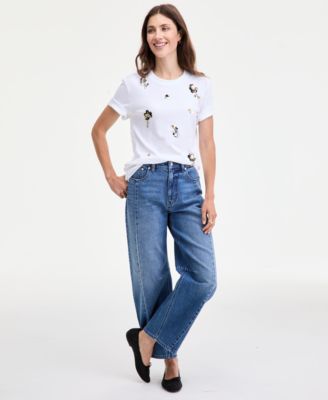 Women's Scattered-Floral-Embellished Cotton T-Shirt, Macy's Exclusive 