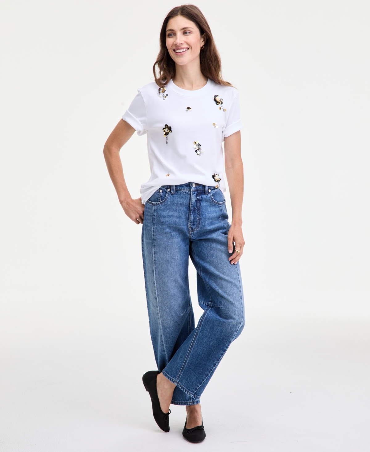 On 34th Women's Scattered-floral-embellished Cotton T-shirt, Macy's Exclusive In Brown