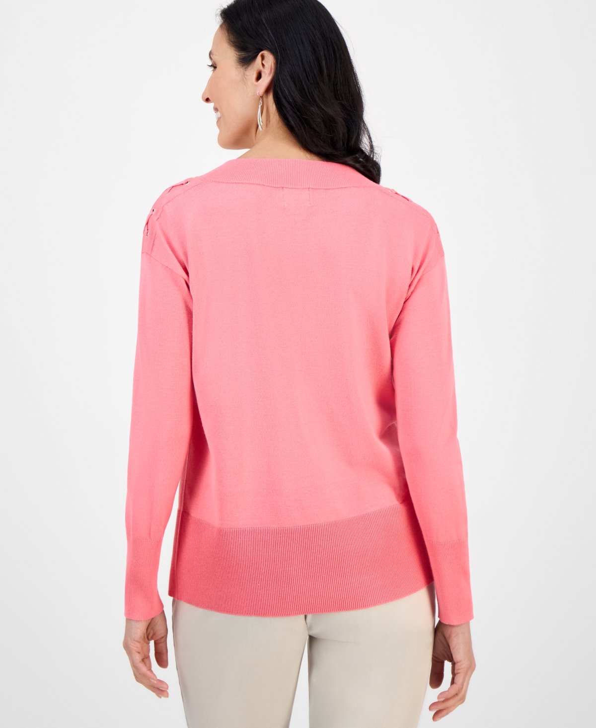 Jm Collection Women's Lace-up Shoulder V-neck Sweater, Exclusively At Macy's In Pink