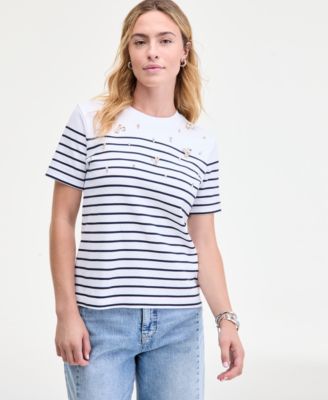 On 34th - Women's Classic Stripe Embellished Cotton T-Shirt