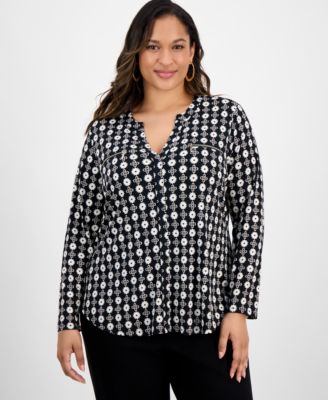 Plus Size Printed V-Neck Long-Sleeve Top