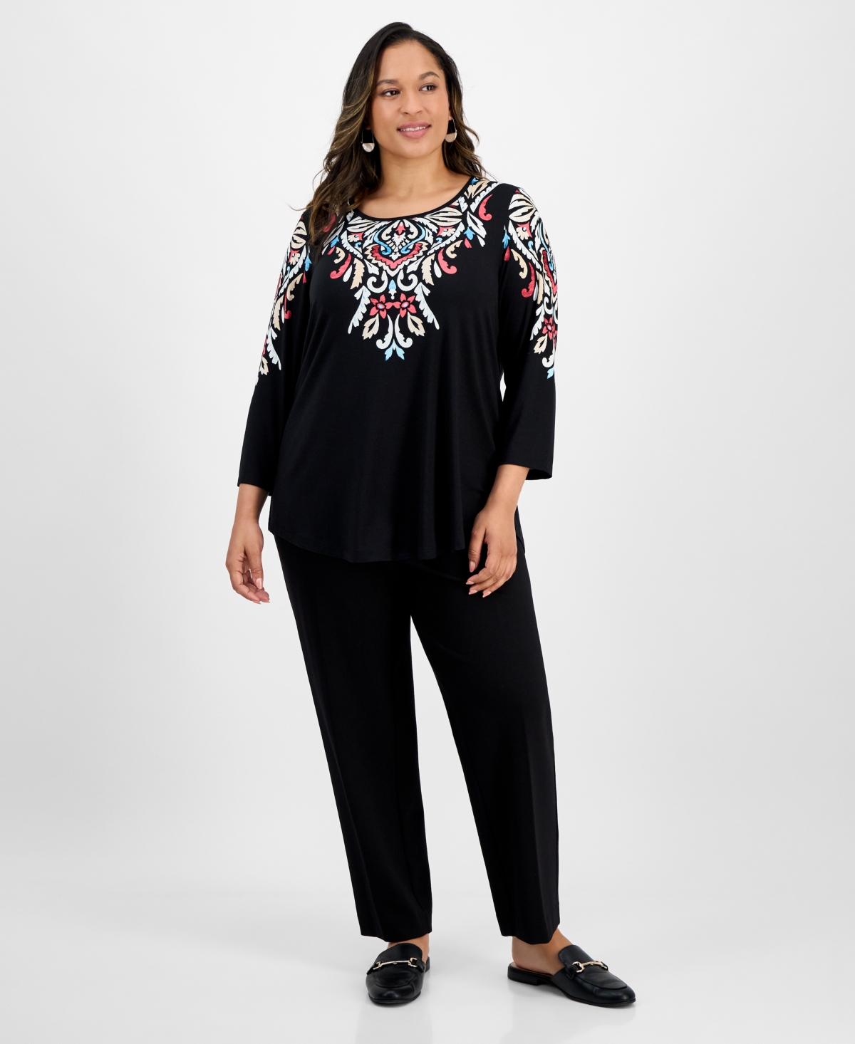 Jm Collection Plus Size Printed Scoop-neck 3/4-sleeve Top, Exclusively At Macy's In Black