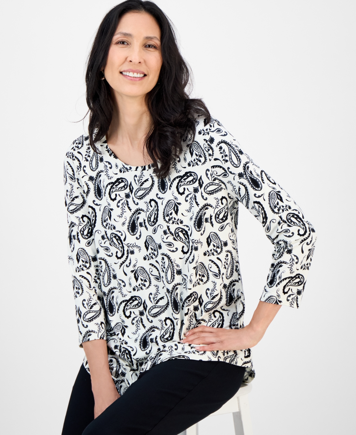 Jm Collection Women's Printed Scoop-neck 3/4-sleeve Top, Exclusively At Macy's In Black