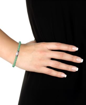 Dyed Green Jade & Cultured Freshwater Pearl (7mm) Bead Bracelet in Sterling Silver