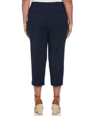 Plus Size Satin Mid Rise Twill Capri Pants with Slant Pocket