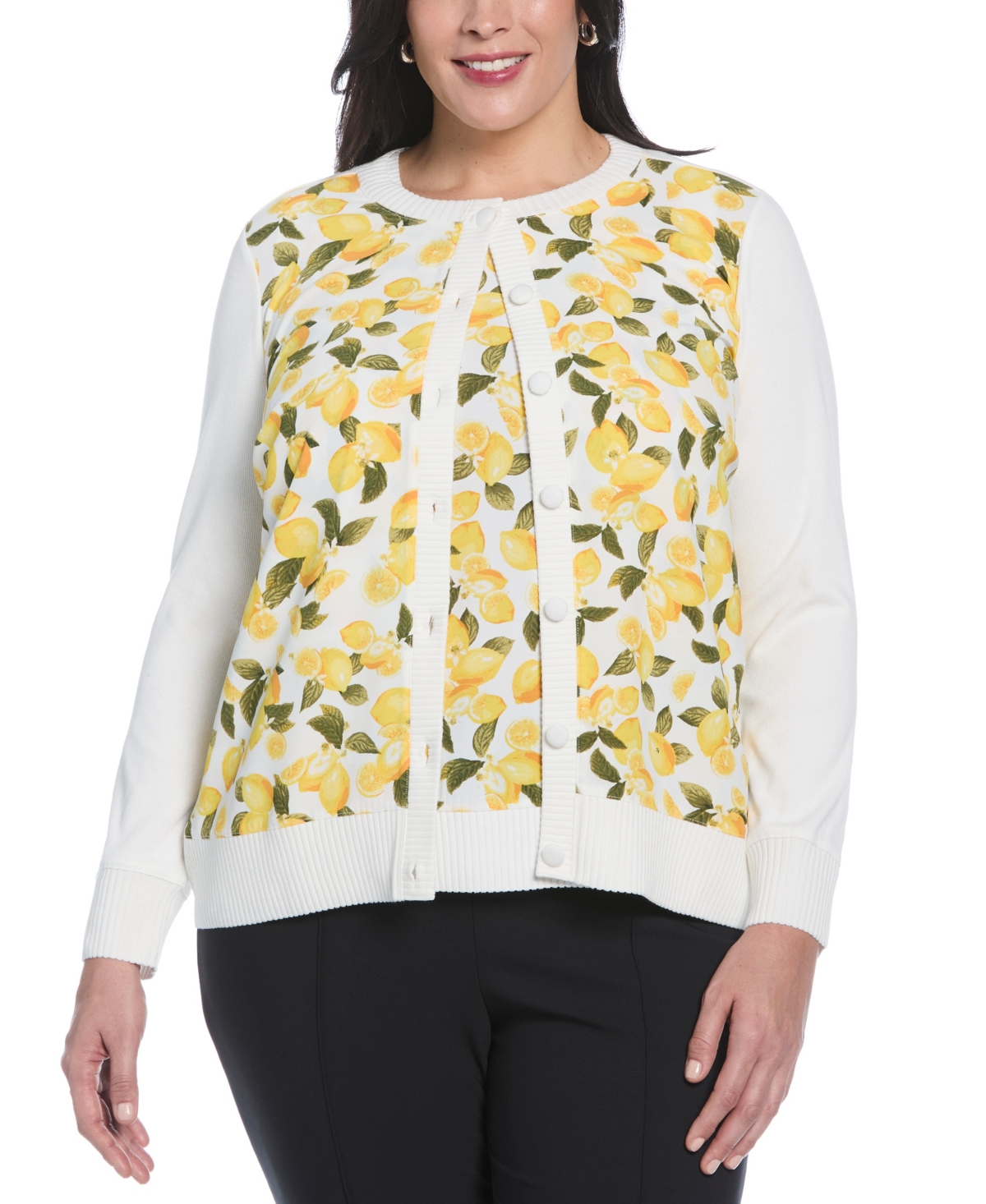 Plus Size Lemon Print Woven Front Long Sleeve Cardigan Sweater - Star White