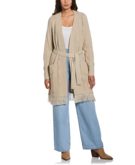 Petite Fringe Long Sleeve Duster Sweater - Wheat Heather