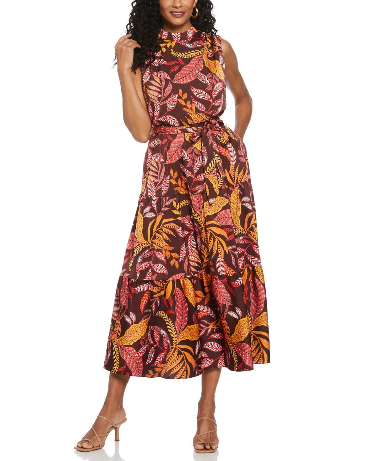 Petite Leaf Print Belted Sleeveless Dress - Decadent Chocolate