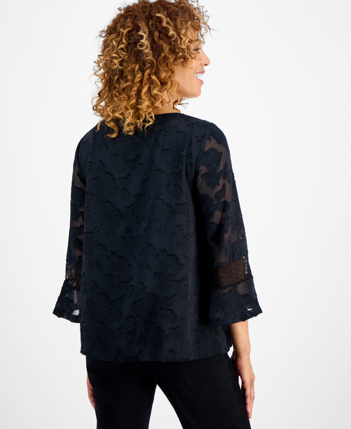 Jm Collection Women's Jacquard Lace-trim Blouse, Exclusively At Macy's In Black