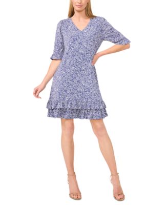CeCe - Women's Printed V-Neck Tiered-Ruffle-Trim Dress
