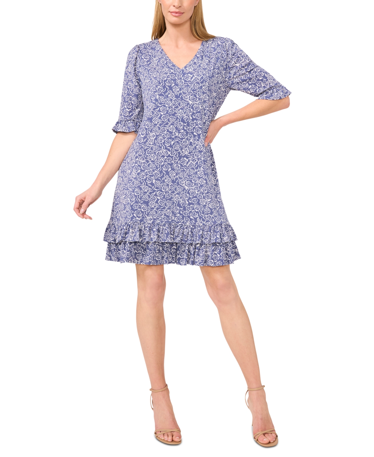 Cece Women's Printed V-neck Tiered-ruffle-trim Dress In Blue