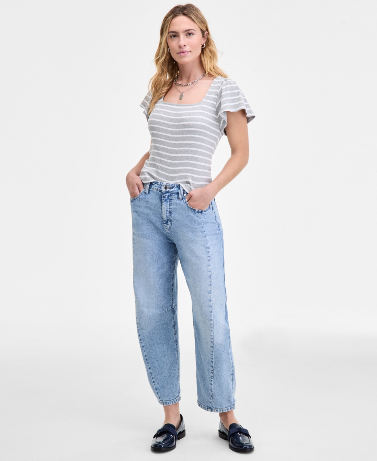 On 34th Women's Square-neck Flutter-sleeve Ribbed Top, Macy's Exclusive In Gray