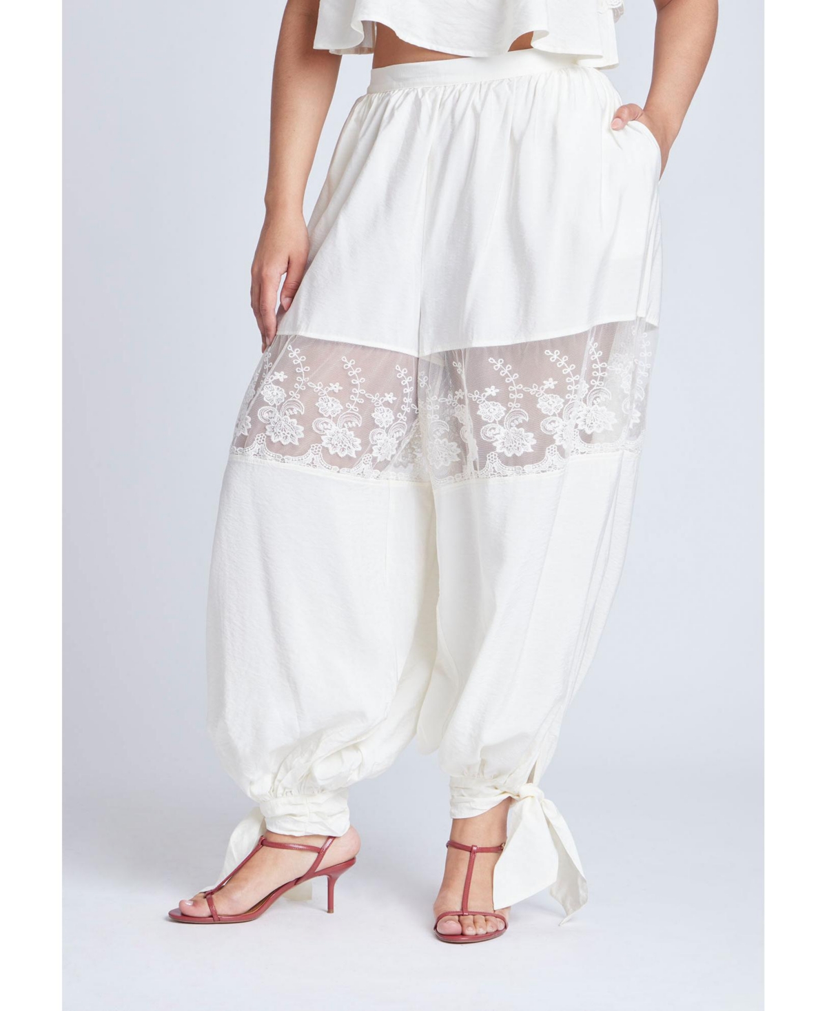 Women's Plus Size Balloon Pant With Lace And Tie Hem - Jet stream
