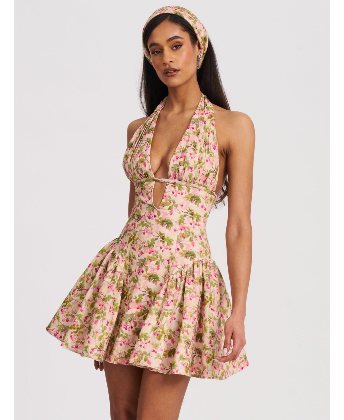 Women's Mackenzie Green and Pink Floral Print Halter Linen Mini Dress - Green and pink floral
