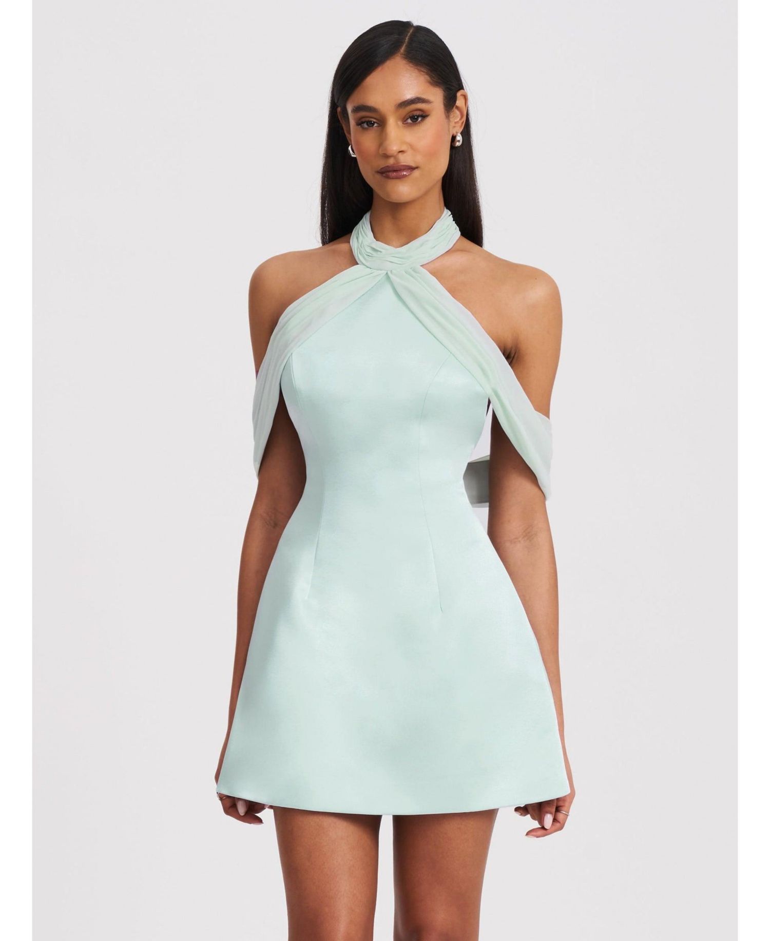 Women's Zafrina Light Cyan Halter Off-shoulder Backless Mini Dress