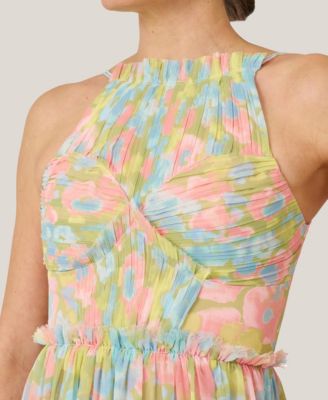 Women's Floral Pleated Bodice Halter Midi Dress