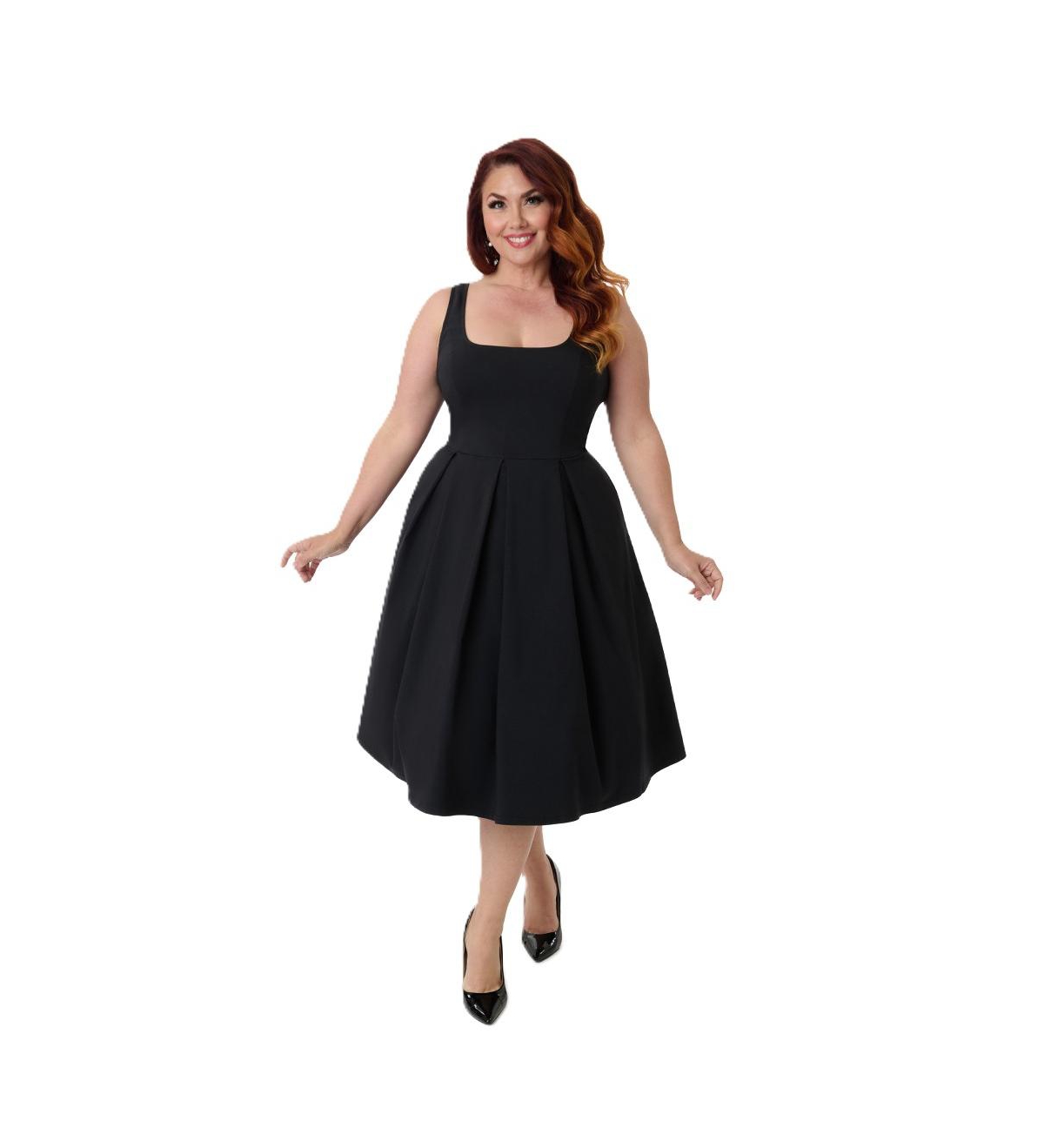Plus Size Square Neck Pleated Swing Dress - Black