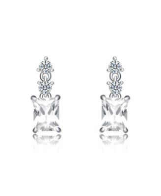 White Gold Plating with Clear Cubic Zirconia Radiant & Round Three-Stone Drop Earrings