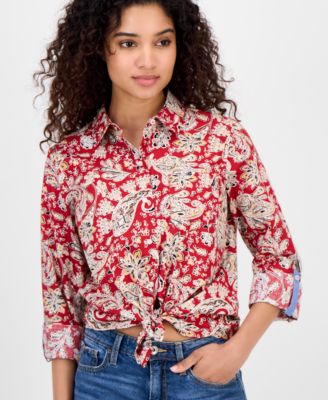 Women's Cotton Paisley-Print Roll-Tab Shirt