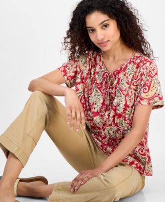 Women's Paisley-Print Tie-Neck Top