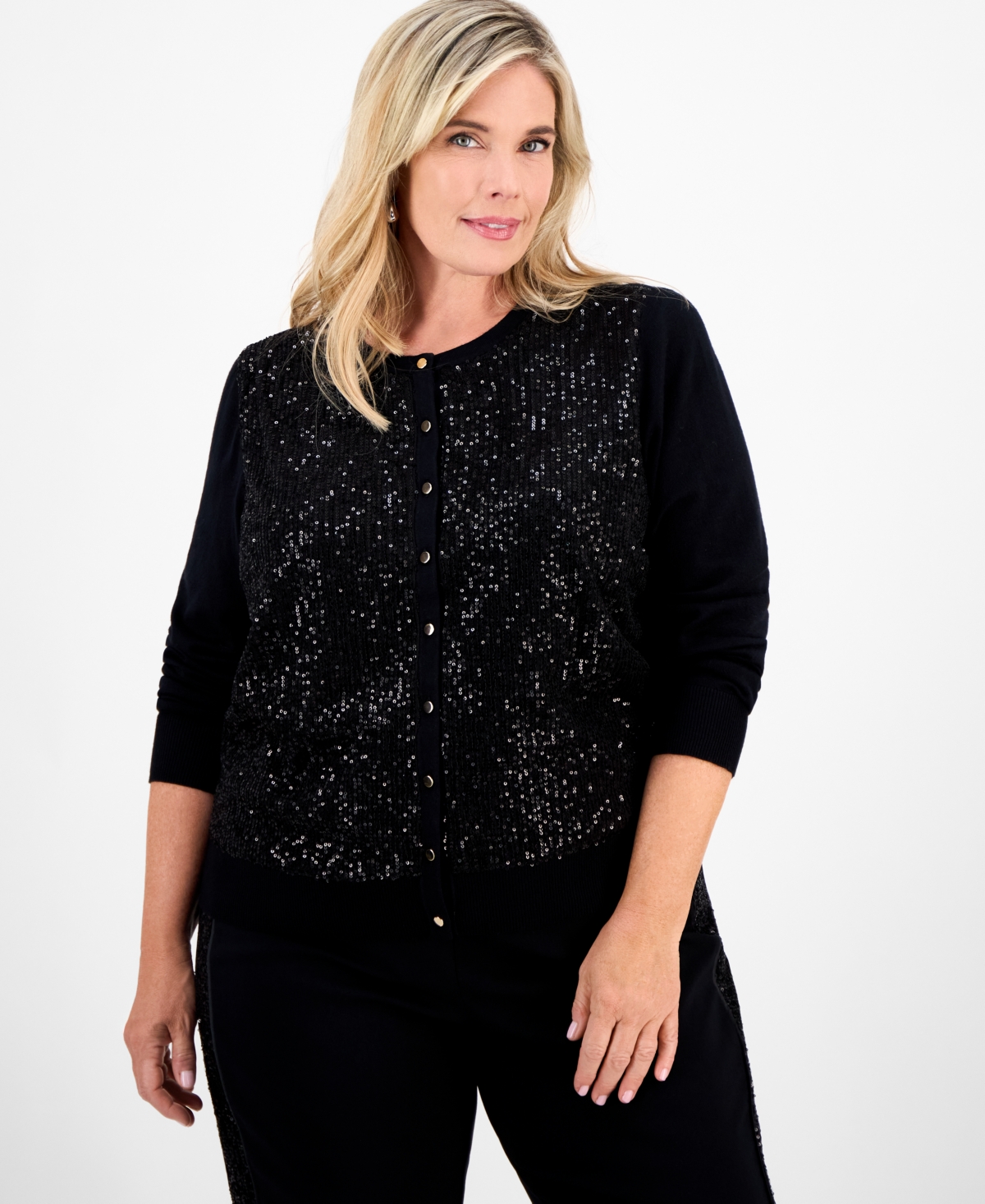 Jm Collection Plus Size Sequin Embellished Button-front Cardigan, Macy's Exclusive In Black