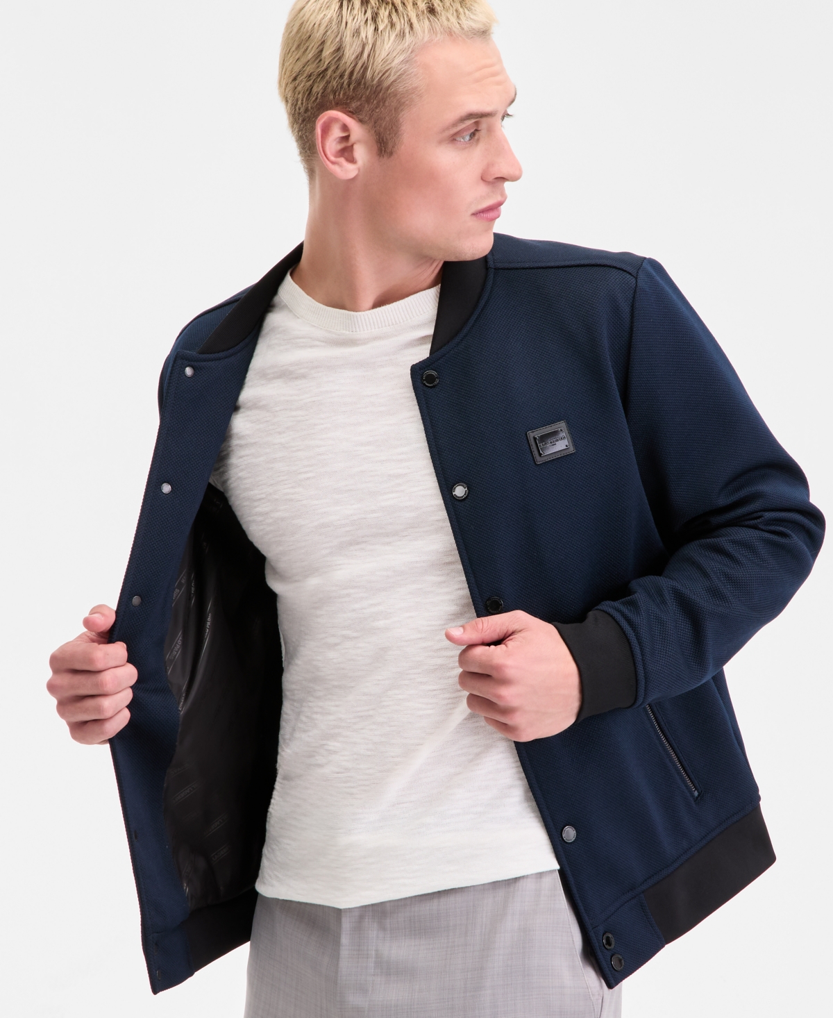 Karl Lagerfeld Men's Textured Varsity Zip Bomber Jacket In Blue