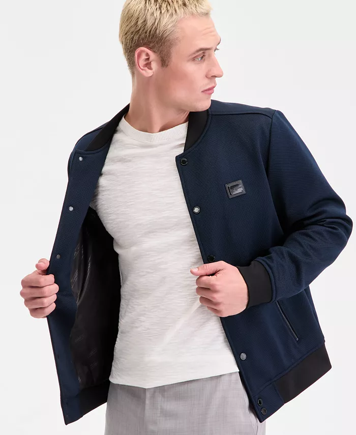 Men's Textured Varsity Zip Bomber Jacket - thumbnail 4