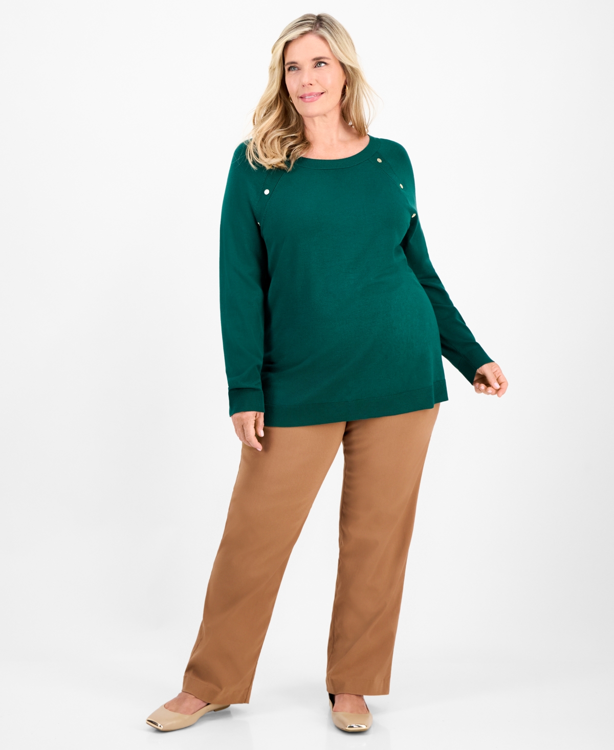 Jm Collection Plus Size Button-trim Sweater, Macy's Exclusive In Green