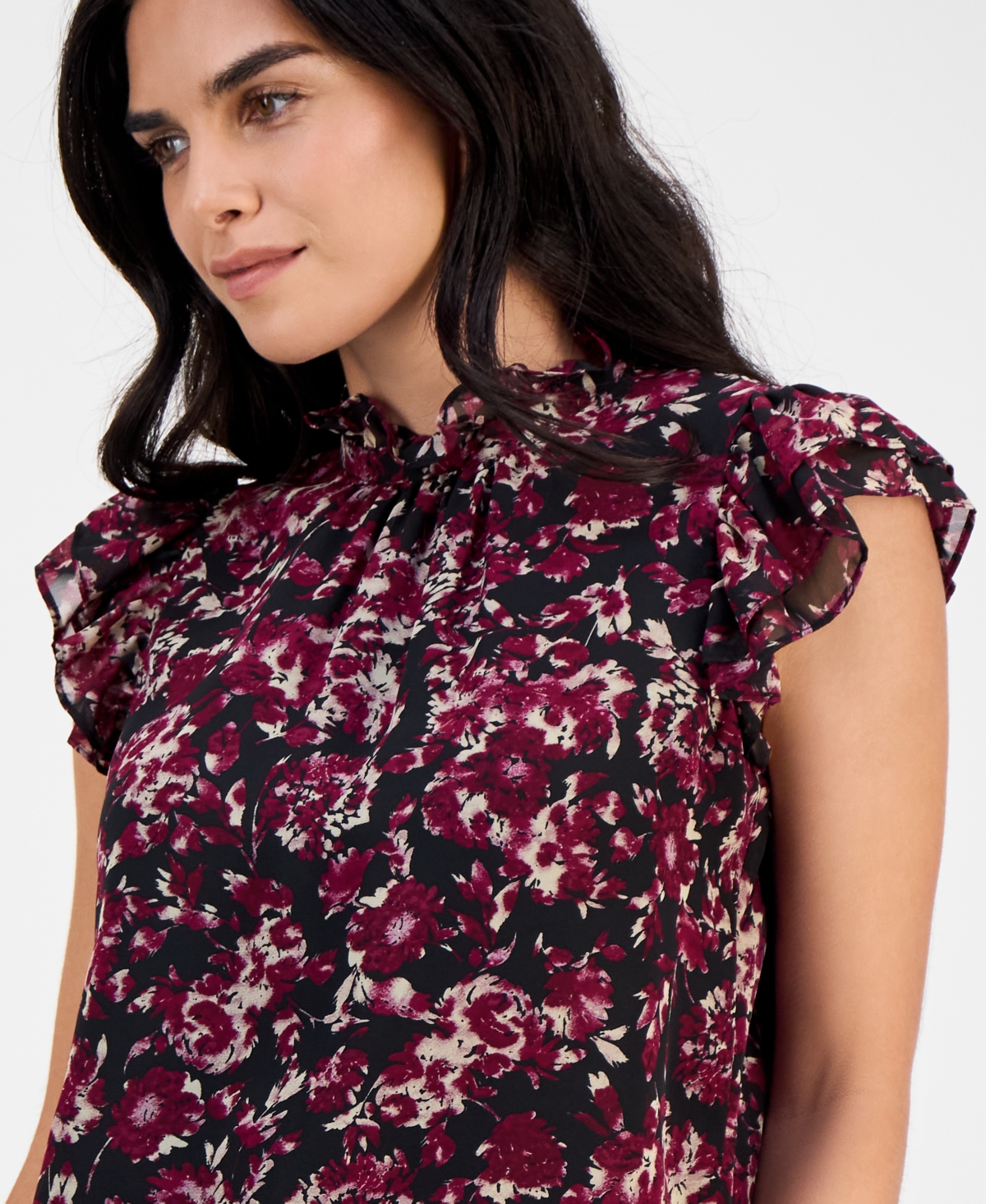 Ak Anne Klein Petite Ruffled Chiffon Top