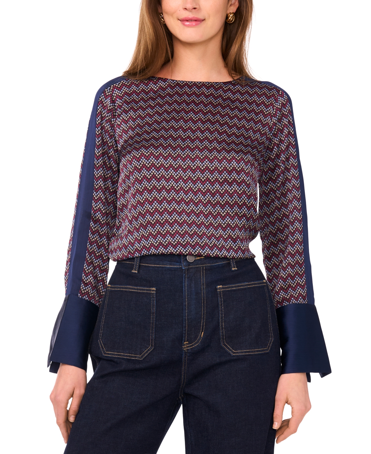 Vince Camuto Women's Printed Wide-cuff Blouse In Blue