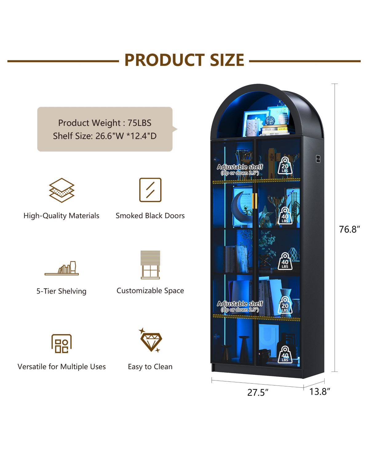 Vlsrka 76" 8-Tier Display Cabinet with 3-Color Motion Led