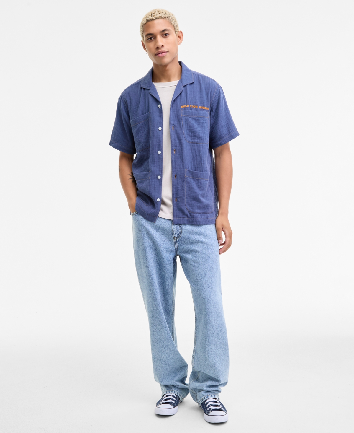 Sun + Stone Men's Joss Short Sleeve Embroidered Button-front Camp Shirt, Macy's Exclusive In Blue