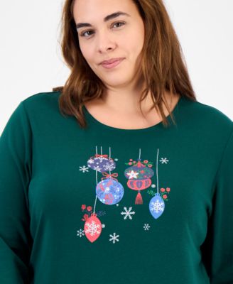 Plus Size Ornament Print Long-Sleeve T-Shirt, Macy's Exclusive