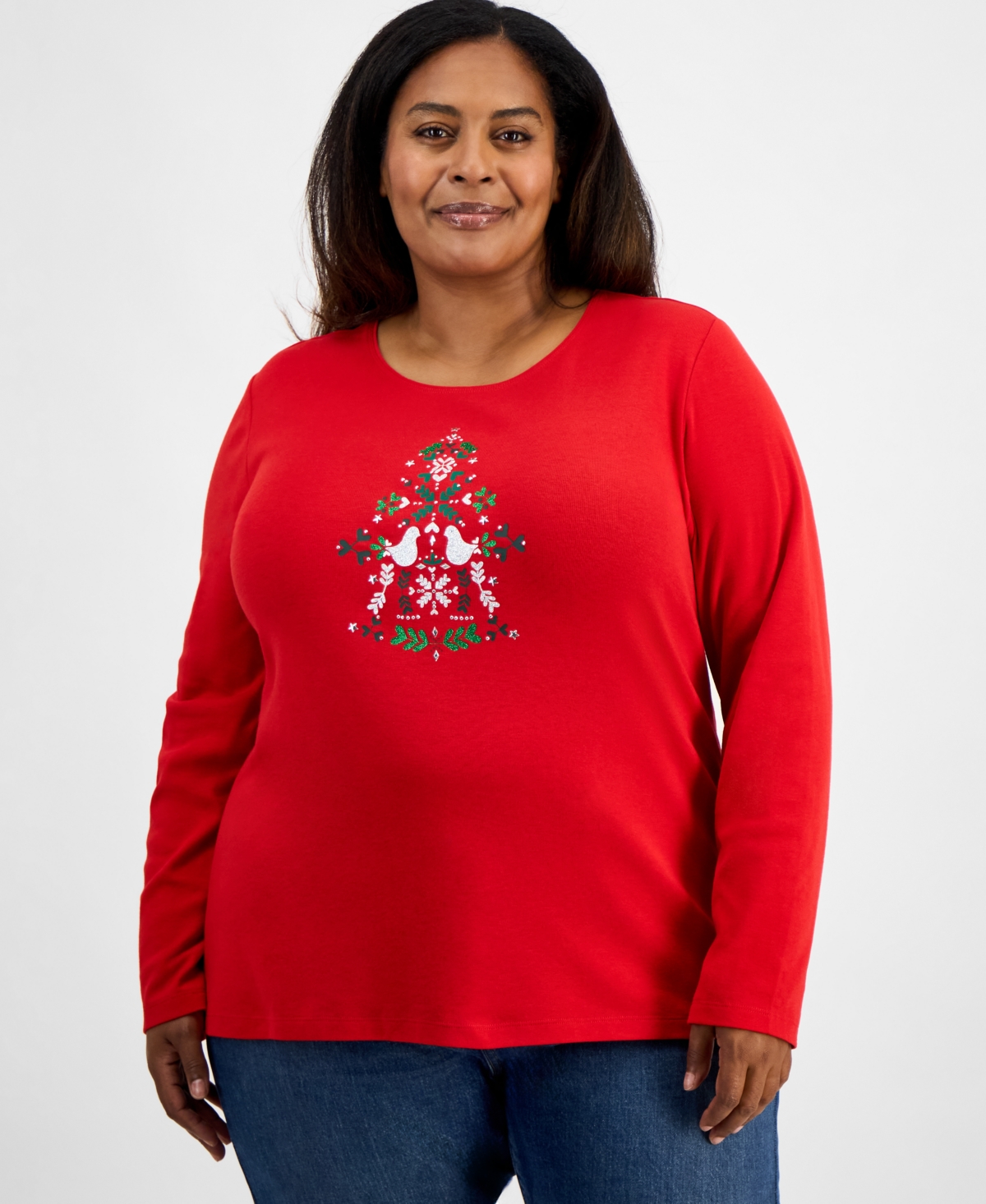 Holiday Lane Plus Scandi Tree Graphic Long-Sleeve T-Shirt, Macy's Exclusive