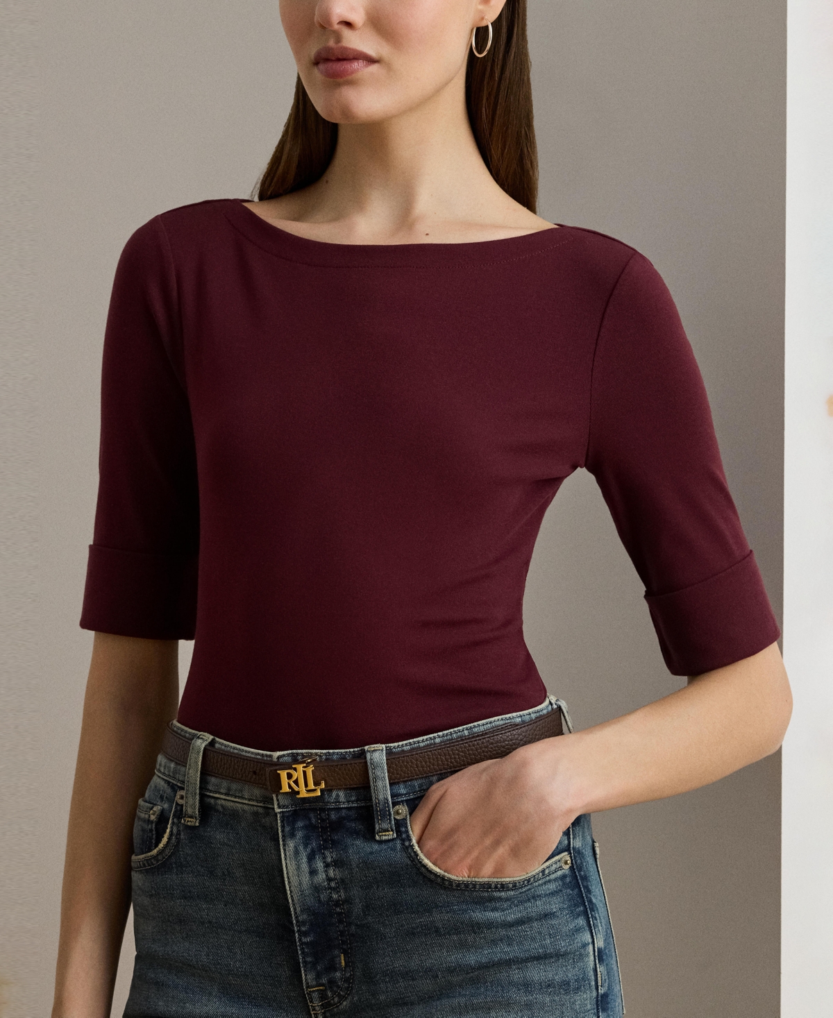 Ralph Lauren Stretch Cotton Boatneck T-shirt In Multi