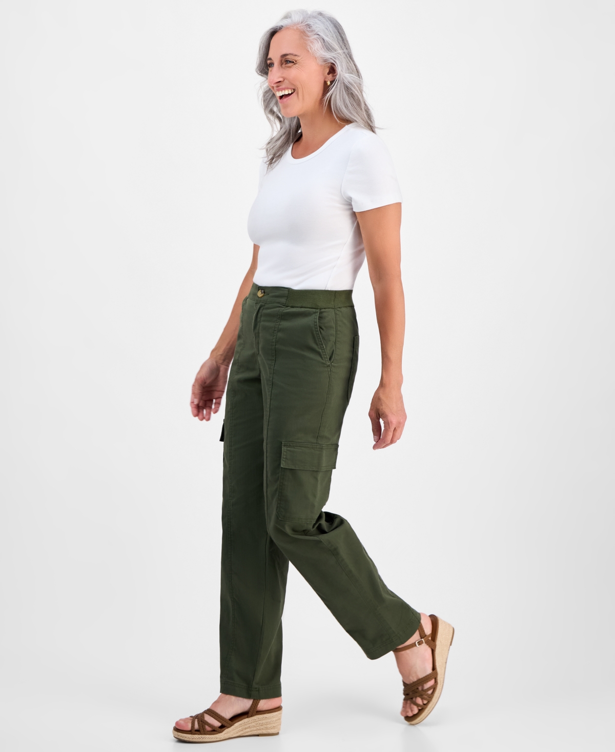 Style & Co Petite Knit-waist Cargo-pocket Utility Pants, Macy's Exclusive In Green