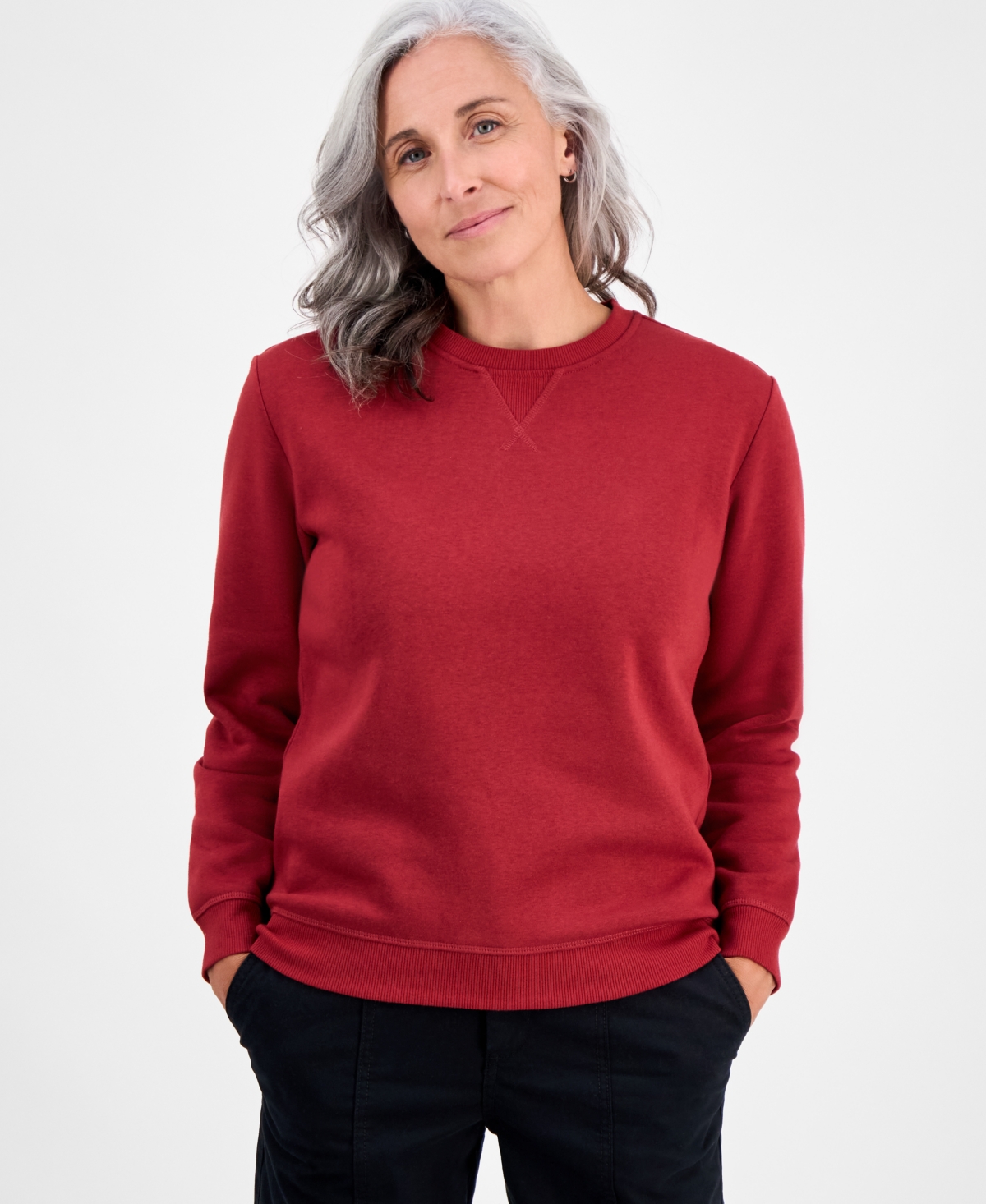 Style & Co Petite Crewneck Long-sleeve Fleece Sweatshirt, Created For Macy's In Burgundy