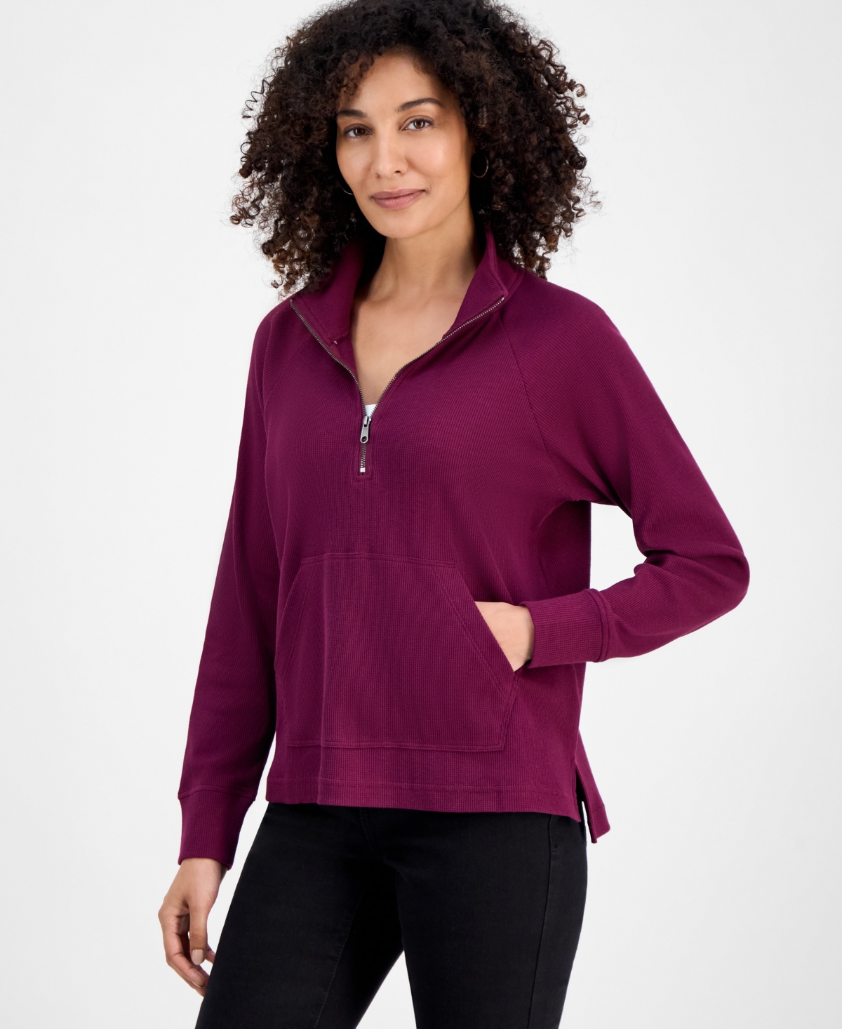 Style & Co Petite Waffle-knit Half-zip Sweatshirt, Macy's Exclusive In Burgundy