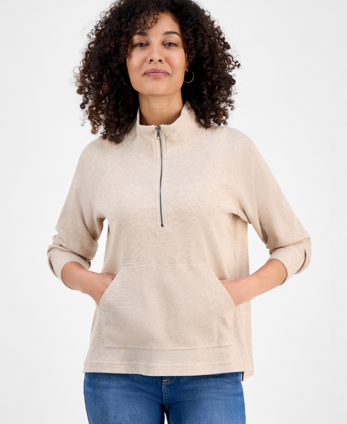 Style & Co Petite Heathered Waffle-knit Half-zip Sweatshirt, Macy's Exclusive In Neutral