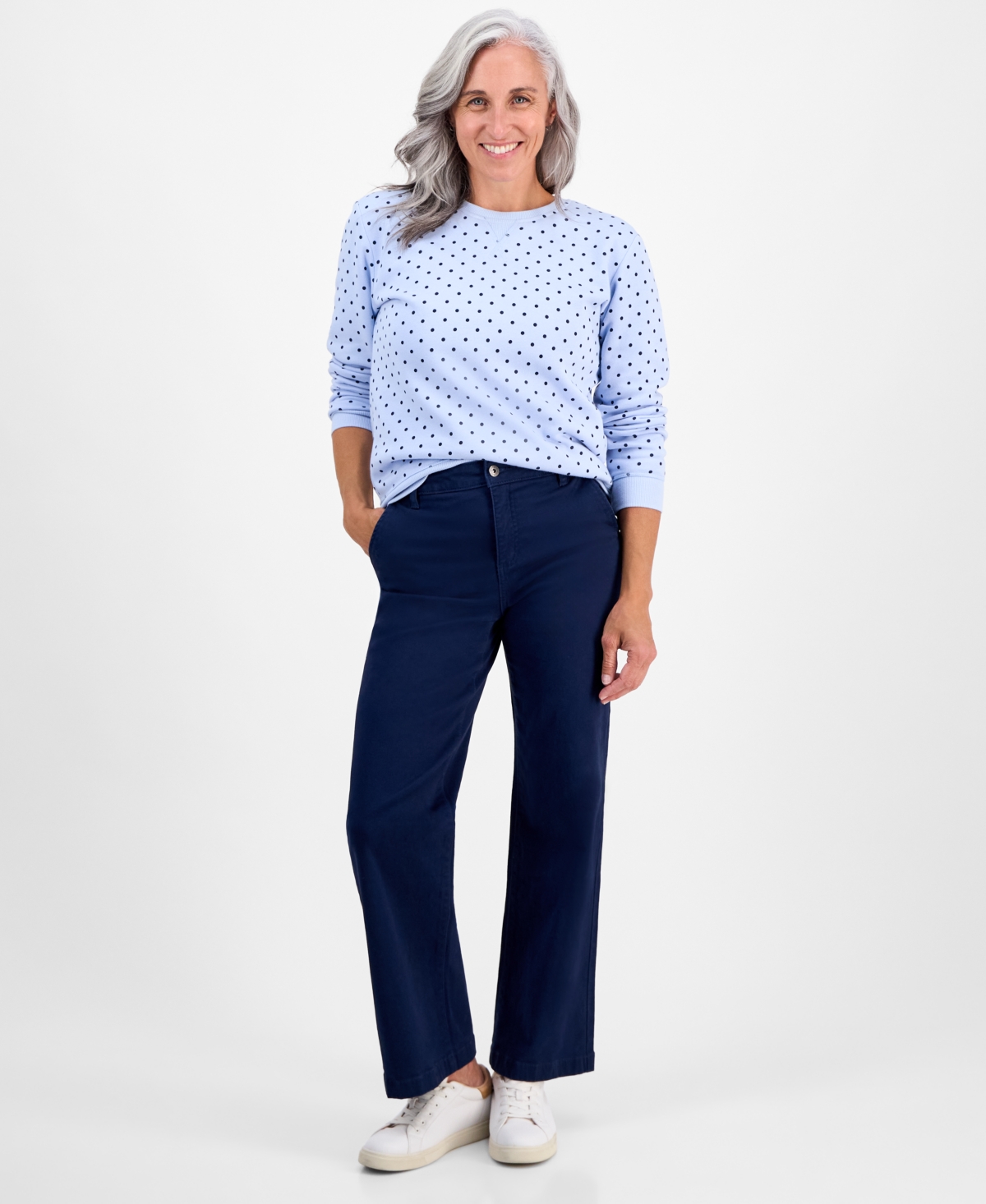 Style & Co Petite Polka Dot Crewneck Sweatshirt, Macy's Exclusive In Blue