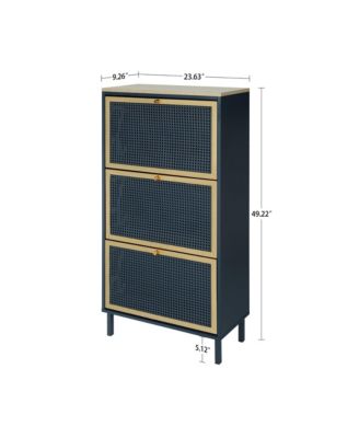Freestanding Modern Shoe Storage Cabinet 3 Metal Rattan Door Shoe Rack Shoe Cabinet with 3 Flip Drawers for Entryway Living Room, Blue