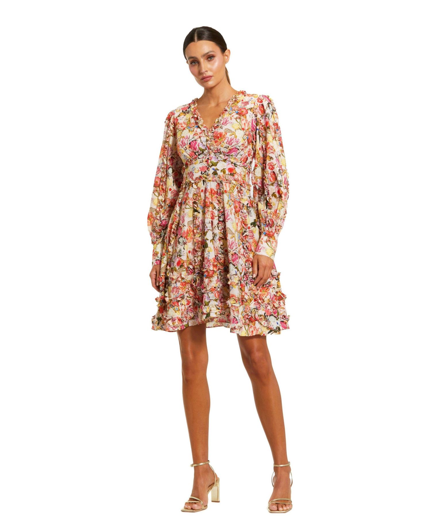 Women's V-Neck Cotton Mini Dress with Ruffles and Multicolor Floral Print