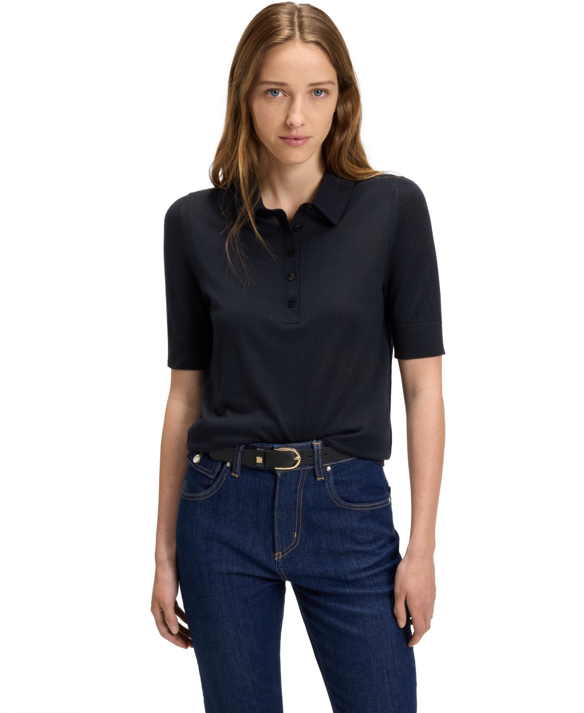 Boss by Hugo Boss Women's Knit Virgin-Wool Polo Sweater - Dark Blue