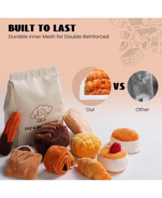 10 PCS Bread Dog Toy Set with a Grocery Bag,Christmas gift, Crinkle Squeaky Plush Puppy Toys