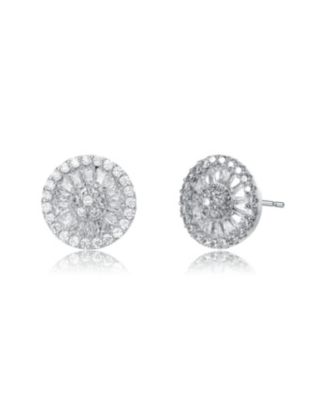 White Gold Plating with Clear Cubic Zirconia Halo Medallion Cluster Stud Earrings