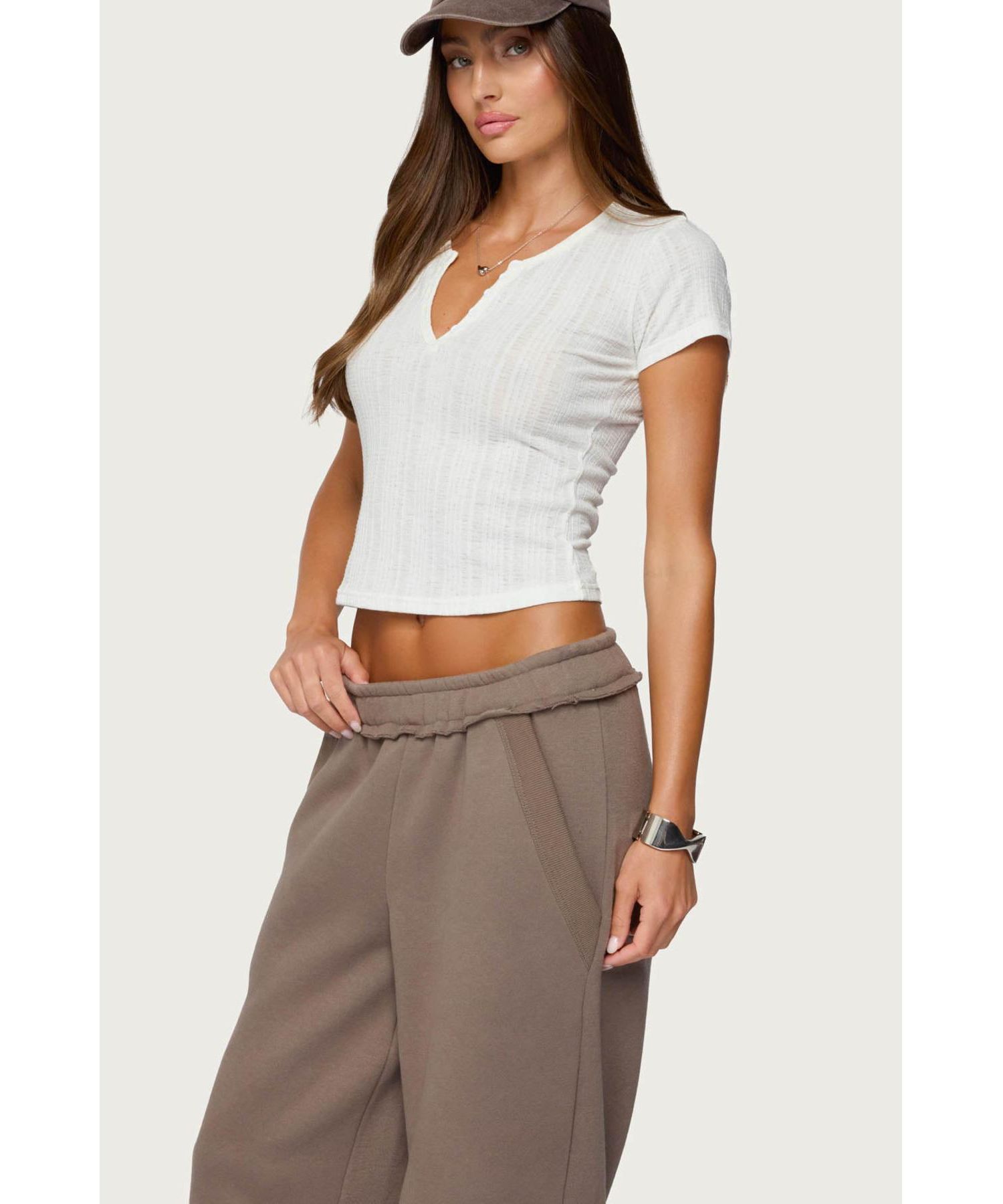 Women's Semi Sheer Ribbed V Neck T Shirt