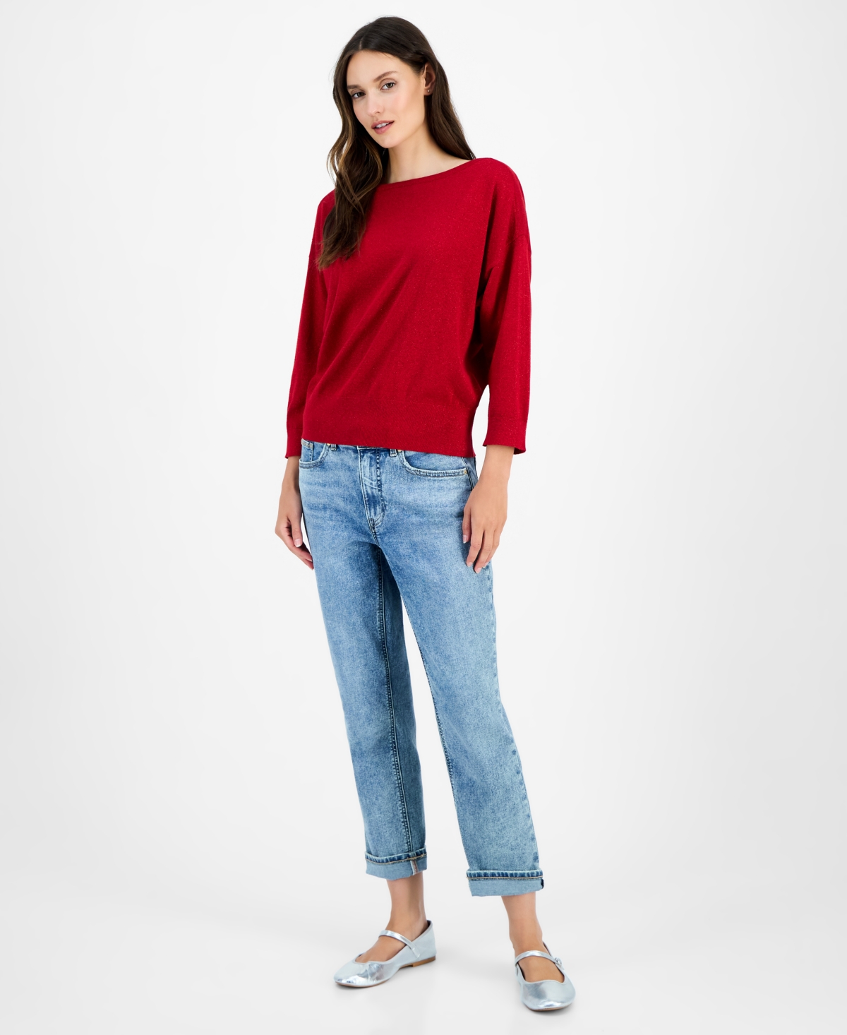 Nautica Jeans Women's Boat-neck Dolman Shimmer Sweater In Red